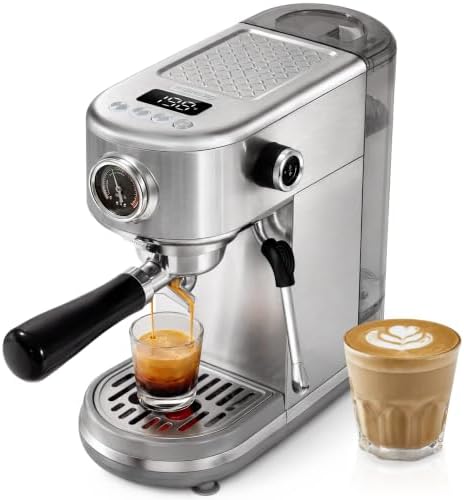 HIBREW H10B Programmable Espresso Machine with LED Display & Pressure Gauge | 20 Bar Compact Stainless Steel Coffee Maker with Milk Frother, 51mm Portafilter for Cappuccino Latte