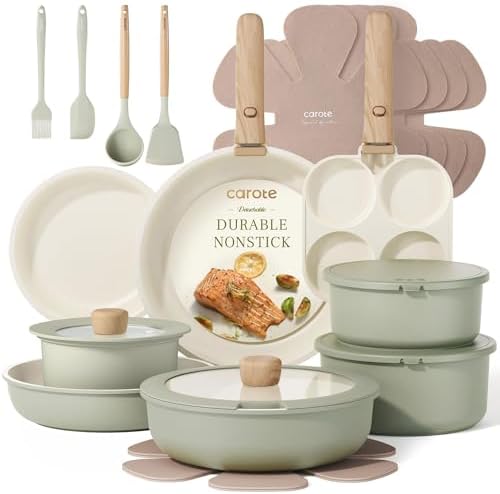 CAROTE 25pcs Pots and Pans Set Non Stick, Cookware Sets, Kitchen Set, Oven/Dishwasher/Fridge Safe, Space Saving Pots Set, Nonstick Set with Versatile Detachable Handle, Induction RV Set, Green