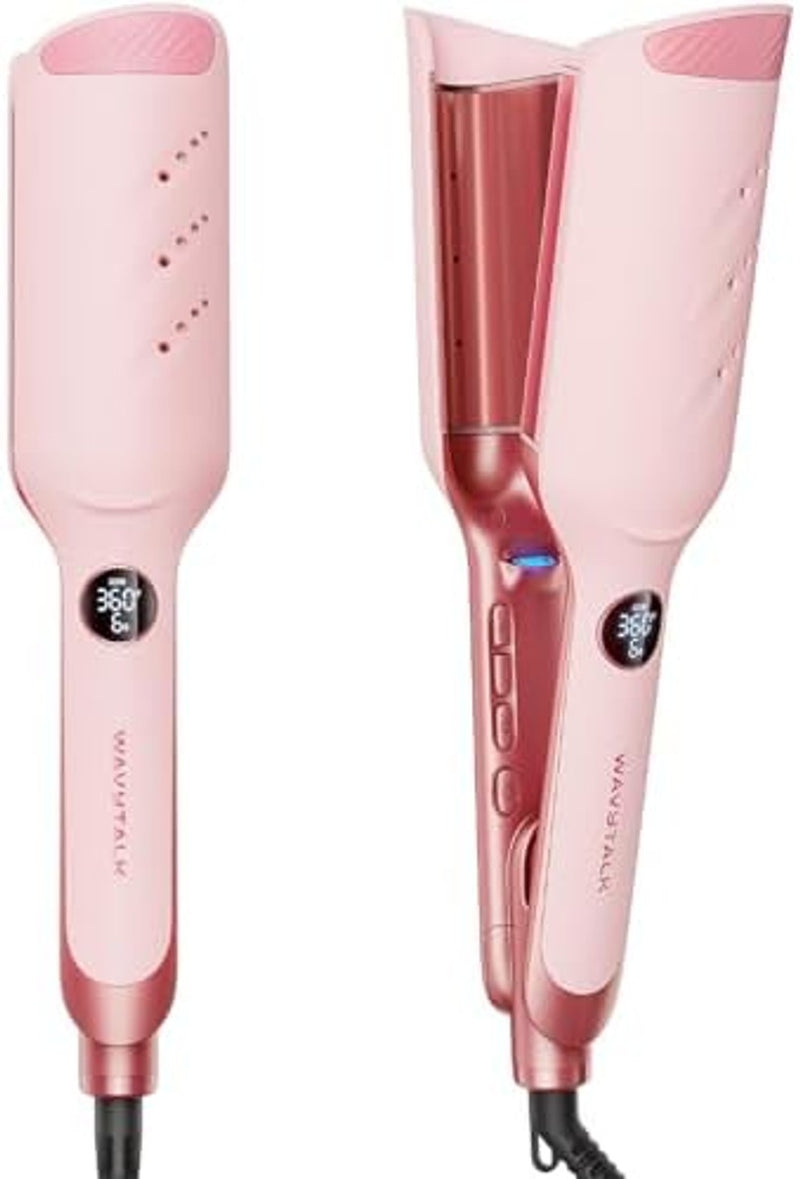 Wavytalk Power Wave - Engarzador de pelo, rizador, diseño de ventilación para menos daños, iónico reduce el encrespamiento, ondulado sin esfuerzo, plancha de doble voltaje, rosa