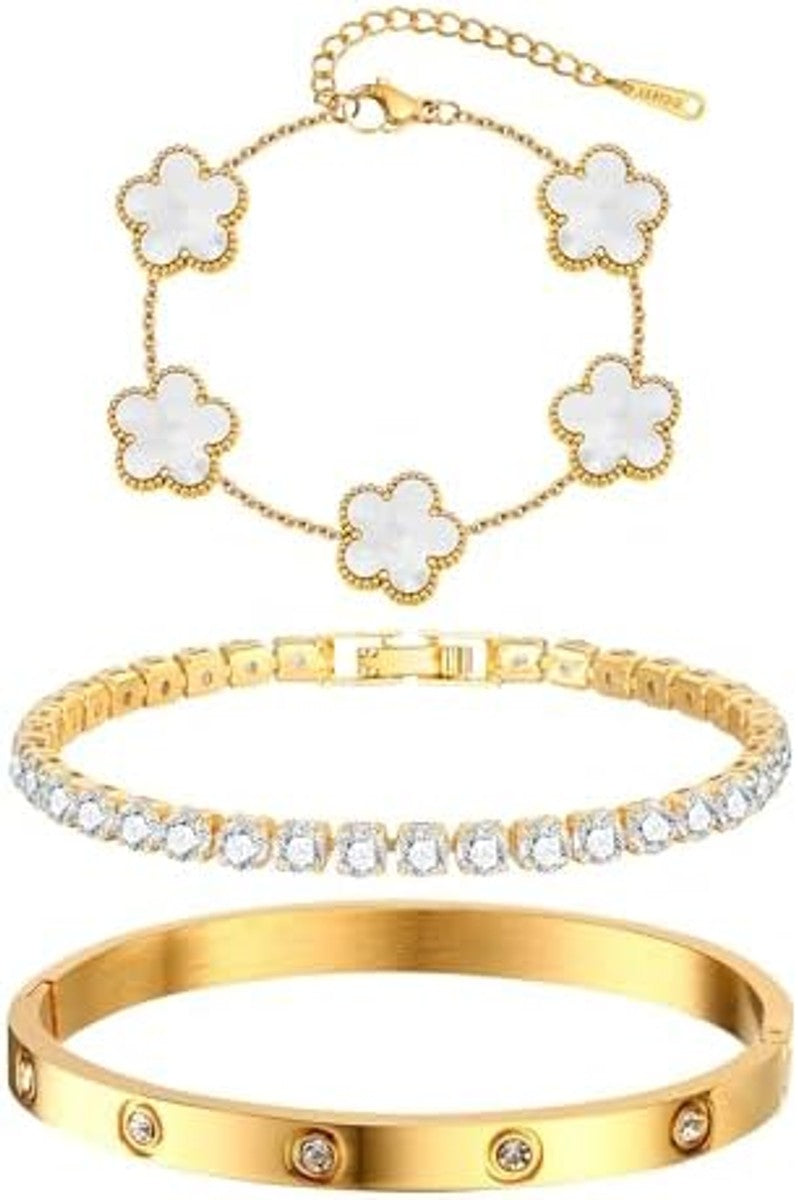 Ofertaza, MPRAINBOW Womens Stackable Floral Gold Bracelets - 3Pcs 18K Gold