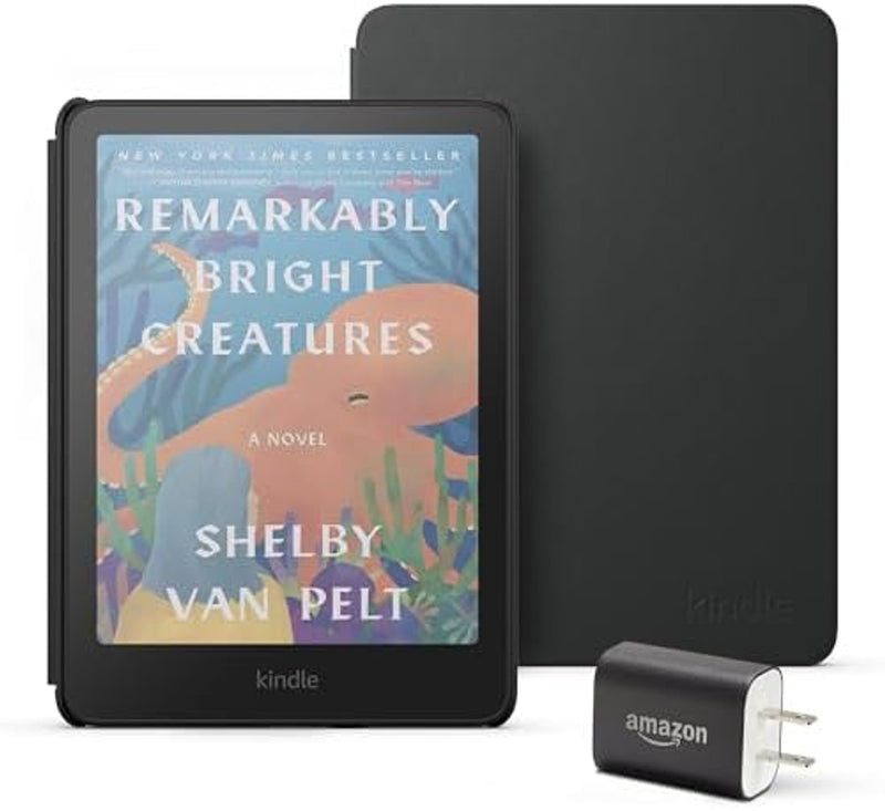 Kindle Colorsoft Essentials Bundle including Kindle Colorsoft (16 GB) – With color display - Black, Plant-Based Leather Cover-Black and Power Adapter