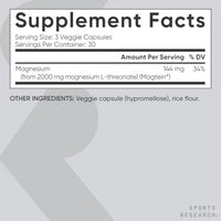 Sports Research® Cápsulas de L-treonato de magnesio de 2000 mg - Magtein® de alta absorción para mejorar la salud cerebral, la memoria, la concentración y el apoyo del sueño reparador - Vegano · Sin