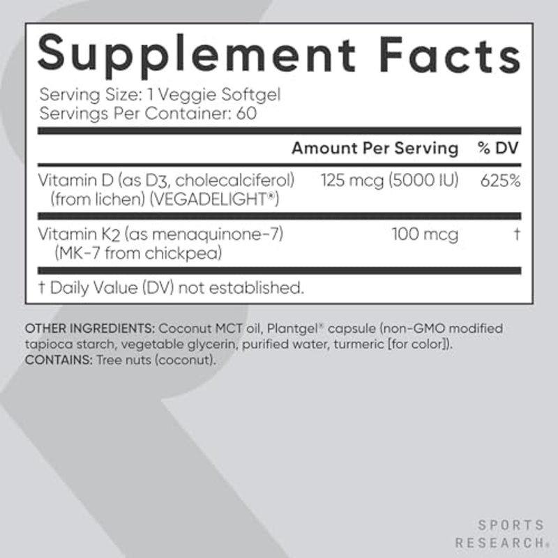 Sports Research® Vitamina D3 + K2 con aceite de coco, vitamina D vegana 5000iu y vitamina K Mk7 de 100 mcg para apoyo óseo e inmunológico, certificado vegano, sin OMG, sin soja, 60 cápsulas blandas