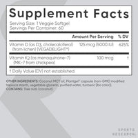 Sports Research® Vitamina D3 + K2 con aceite de coco, vitamina D vegana 5000iu y vitamina K Mk7 de 100 mcg para apoyo óseo e inmunológico, certificado vegano, sin OMG, sin soja, 60 cápsulas blandas