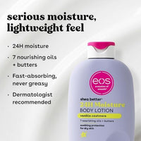eos Shea Better Loción corporal Vanilla Cashmere, cuidado de la piel con humedad las 24 horas, ligera y no grasosa, karité natural, vegano, loción corporal de vainilla, 16 onzas líquidas
