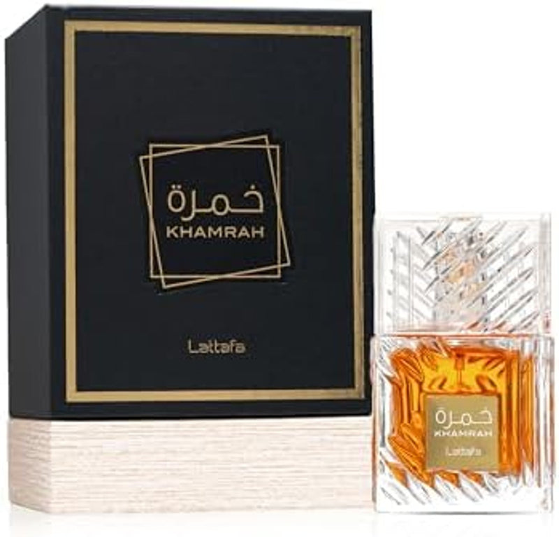 Lattafa Khamrah - Vainilla, picante cálido, ámbar, canela - Perfume Eau de Parfum de larga duración para unisex, 3.40 onzas / 100 ml
