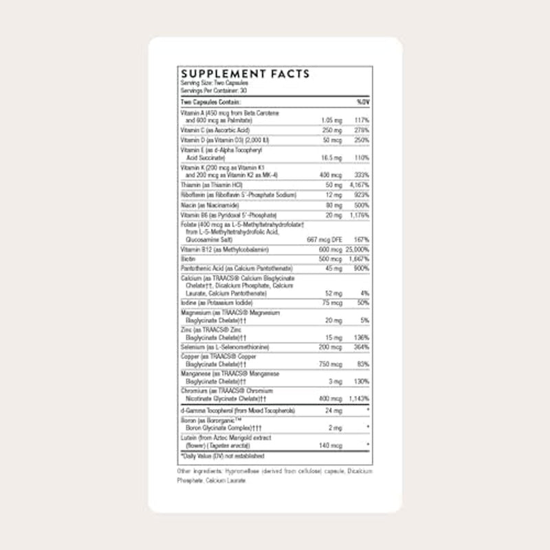 THORNE - Nutrientes básicos 2/día - Multivitamínico diario integral con biodisponibilidad óptima - Fórmula de vitaminas y minerales - Sin gluten, lácteos y soja - 60 cápsulas - 30 porciones
