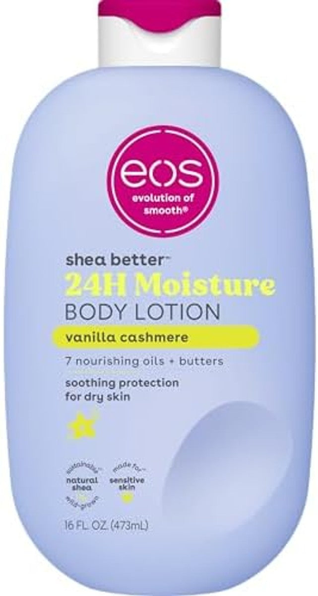 eos Shea Better Loción corporal Vanilla Cashmere, cuidado de la piel con humedad las 24 horas, ligera y no grasosa, karité natural, vegano, loción corporal de vainilla, 16 onzas líquidas