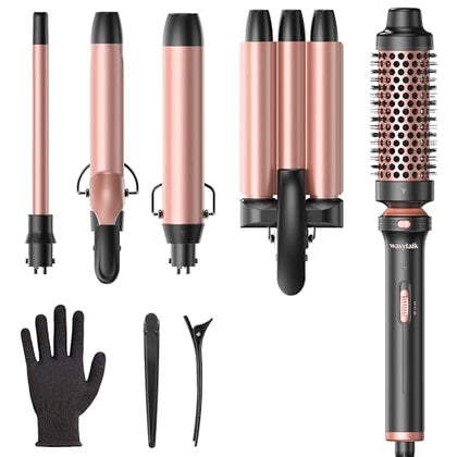 Wavytalk 5 in 1 Curling Wand Set, Dual Voltage Curling Iron Set with 5 Interchangeable Barrels Included A Thermal Brush, A Hair Crimper and 3 Ceramic Curling Wands(0.5