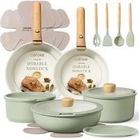 CAROTE Pots and Pans Set, Nonstick Cookware Set Detachable Handle, 19pcs Induction Kitchen Cookware Sets Non Stick with Removable Handle, RV Cookware Set, Oven Safe, Sage Green