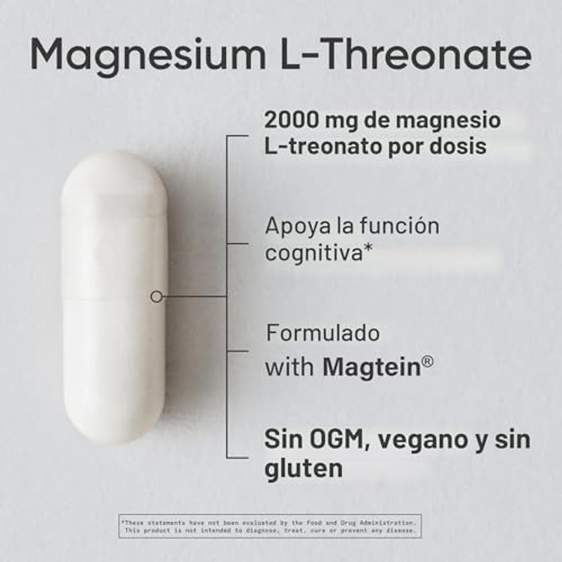Sports Research® Cápsulas de L-treonato de magnesio de 2000 mg - Magtein® de alta absorción para mejorar la salud cerebral, la memoria, la concentración y el apoyo del sueño reparador - Vegano · Sin