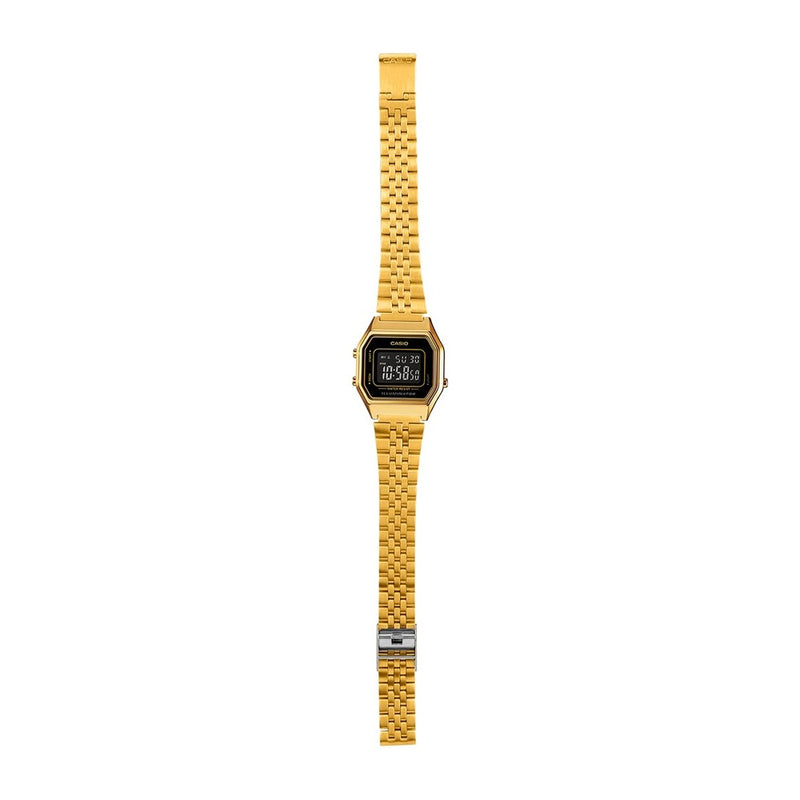 Reloj Casio para mujer modelo LA680WGA-1B, diseño dorado en metal con mecanismo de cuarzo, funciones de alarma y calendario