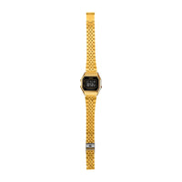 Reloj Casio para mujer modelo LA680WGA-1B, diseño dorado en metal con mecanismo de cuarzo, funciones de alarma y calendario