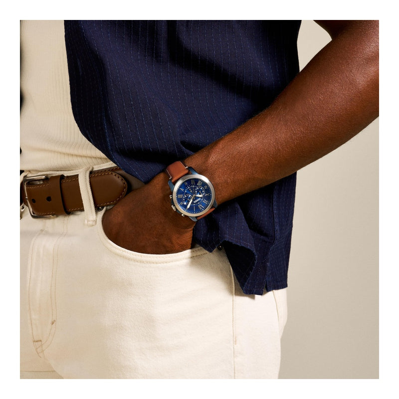 Fossil reloj de hombre estilo clásico con cronógrafo, acero inoxidable y correa de cuero marrón, resistente al agua hasta 50 metros