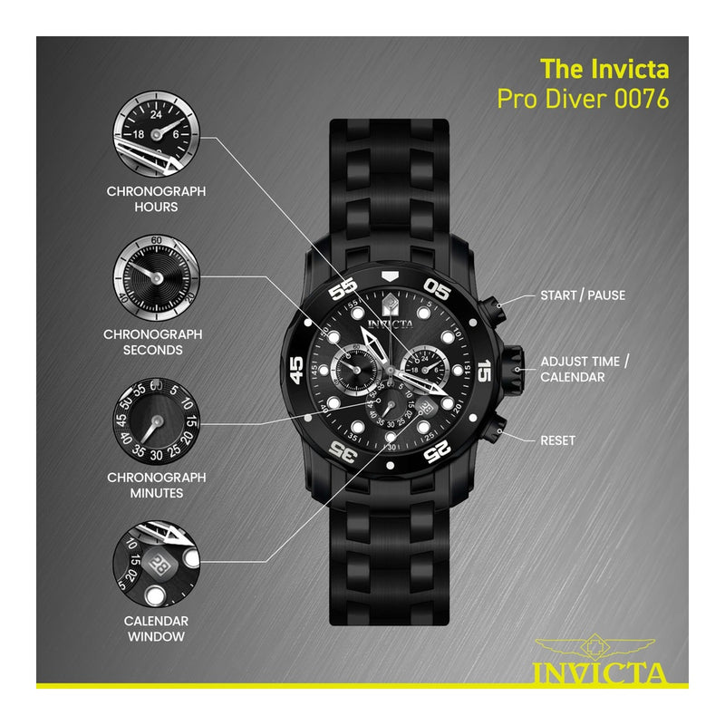 Reloj cronógrafo de cuarzo Invicta Pro Diver con correa de acero inoxidable plateado y esfera negra para hombre, modelo 0073
