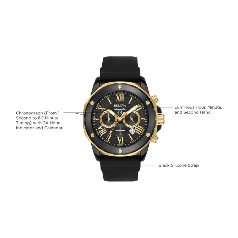 Reloj de cuarzo Bulova Marine Star Series A con cronógrafo, acero inoxidable ionizado en oro negro/rosa, correa de silicona negra