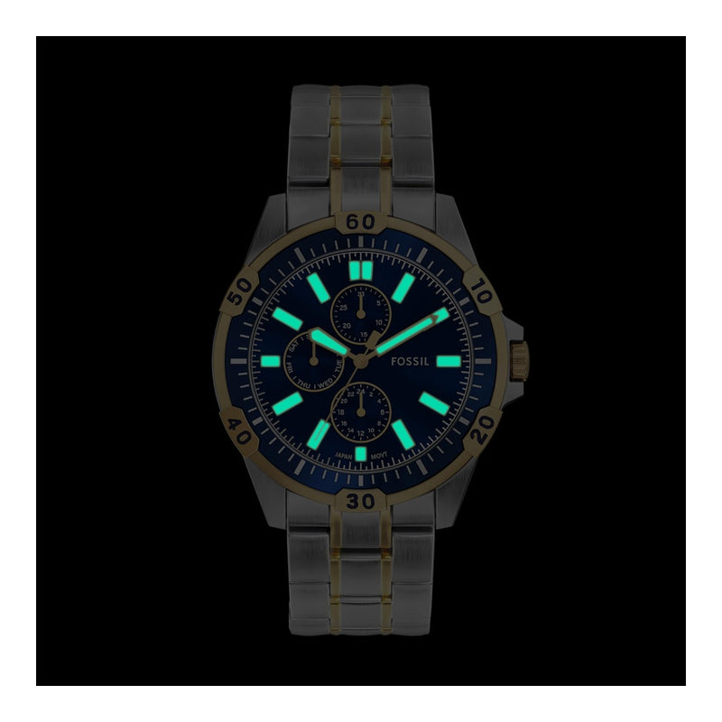 Reloj Fossil Garrett multifuncional de acero inoxidable en dos tonos con estilo deportivo y profundidad resistente al agua