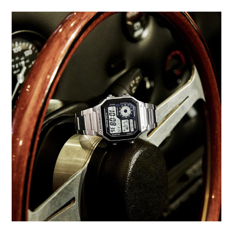 Reloj digital para hombre Casio Serie AE1200WH, resistente al agua, alarmas múltiples, cronómetro, temporizador y luz LED