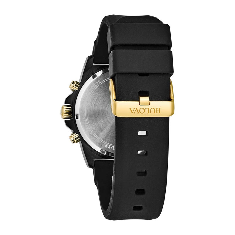Reloj de cuarzo Bulova Marine Star Series A con cronógrafo, acero inoxidable ionizado en oro negro/rosa, correa de silicona negra