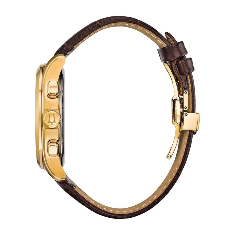 Bulova Reloj para hombre con correa de cuero marrón y cronógrafo clásico de acero inoxidable dorado