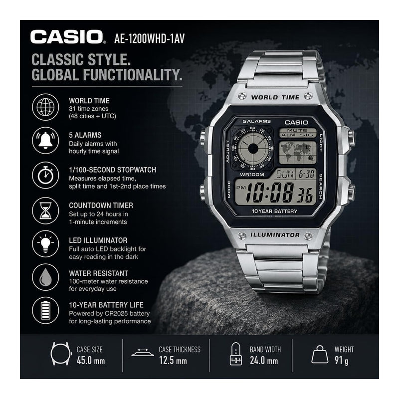 Reloj digital para hombre Casio Serie AE1200WH, resistente al agua, alarmas múltiples, cronómetro, temporizador y luz LED