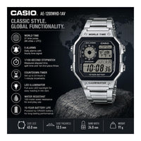 Reloj digital para hombre Casio Serie AE1200WH, resistente al agua, alarmas múltiples, cronómetro, temporizador y luz LED