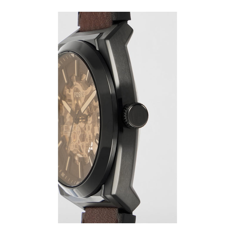 Reloj de Pulsera Automático Fossil Everett en Acero Inoxidable con Correa de Cuero, Esfera Negra y Resistente al Agua