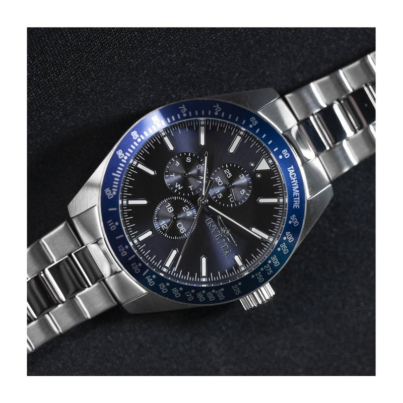 Reloj Invicta Aviator para hombres en acero inoxidable plata con esfera azul, movimiento de cuarzo y hebilla de espiga