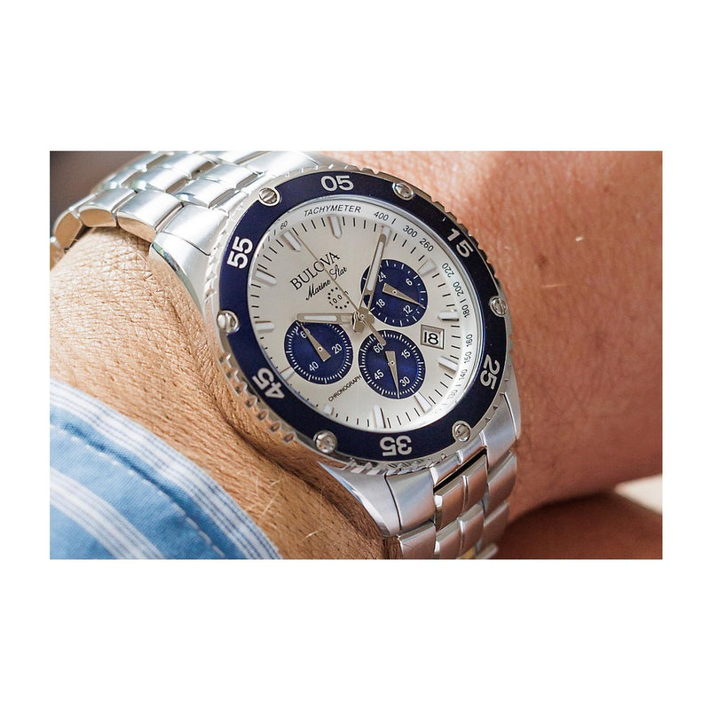 Bulova Marine Star 98B423 Silver Dial Chrono Men's Steel Quartz Watch 41.5mm