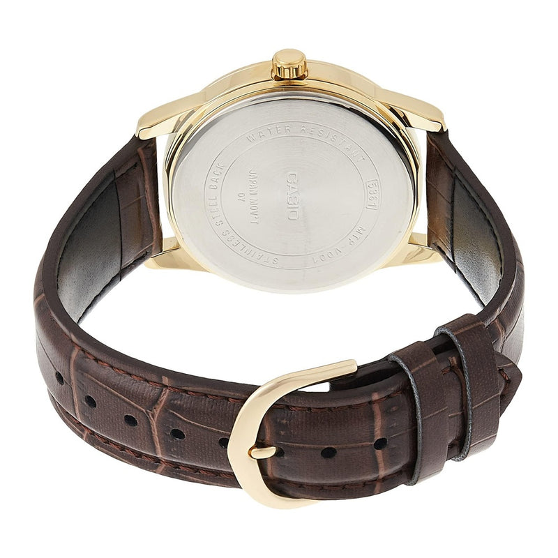 Casio Reloj de cuarzo de acero inoxidable para hombre, correa de cuero marrón, modelo EAW-MTP-V001GL-9B