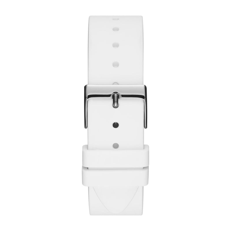 Reloj GUESS con cristal multicolor, carcasa plateada y silicona blanca resistente a manchas, perfecto para mujeres elegantes