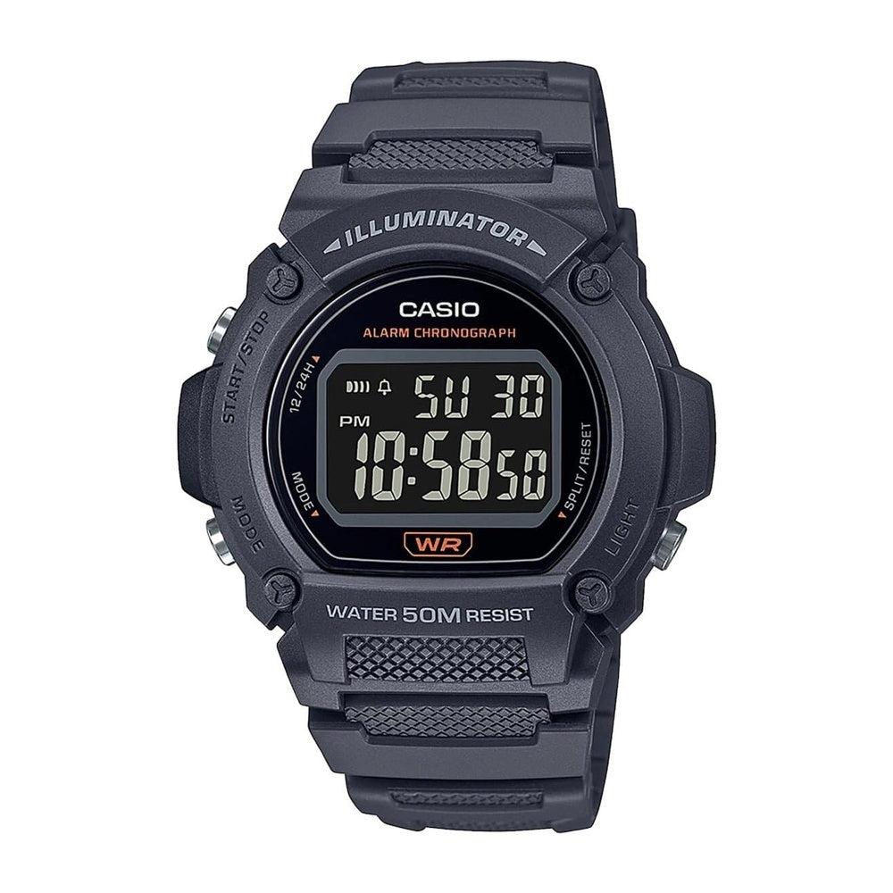 Reloj digital Casio modelo W-219H-8BVCF unisex resistente al agua con luz LED, cronómetro y batería de larga duración