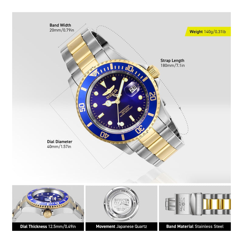Invicta Pro Diver, reloj de cuarzo masculino con correa de acero inoxidable y resistencia al agua hasta 200 metros