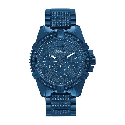 Reloj GUESS de acero inoxidable dorado con adornos de cristal, multifunción, resistente al agua, cierre desplegable
