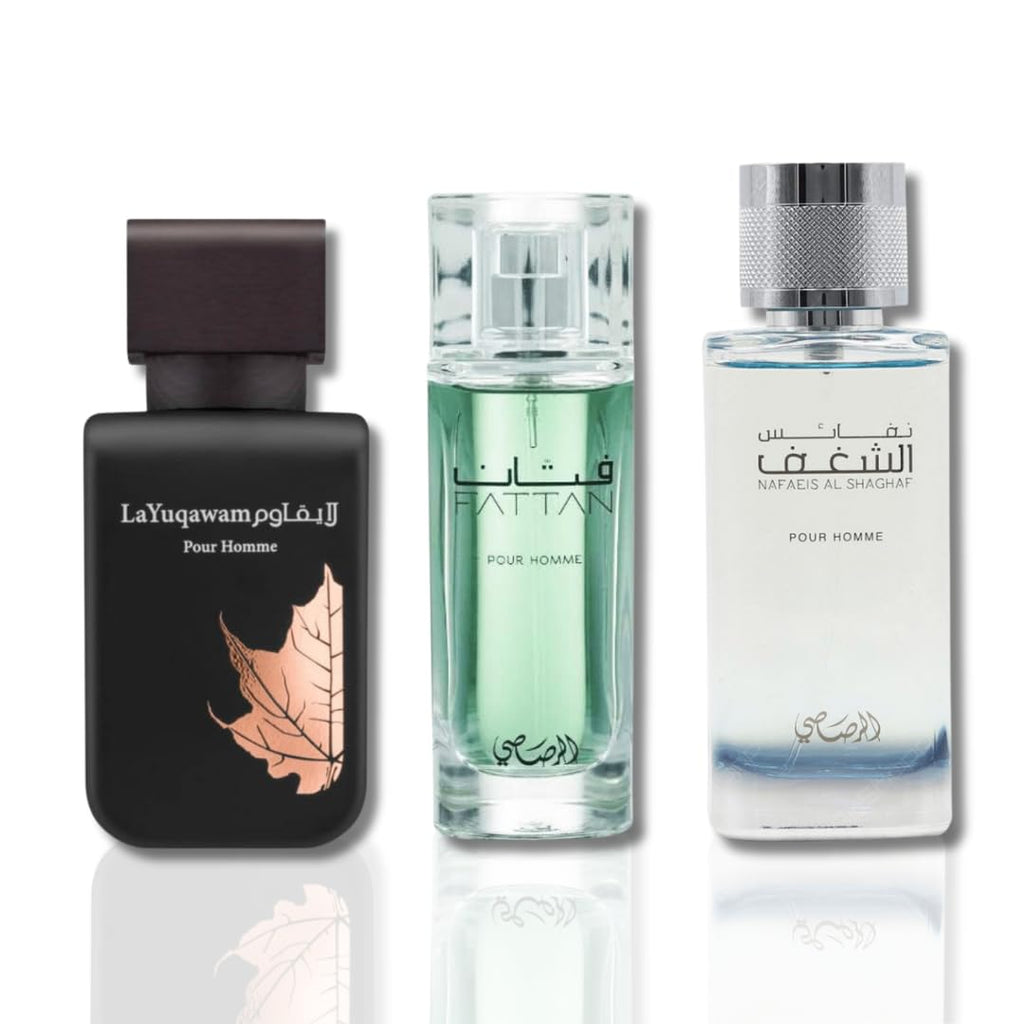 Rasasi 3-Piece Set for Men, (3.4 Oz Nafaeis Al Shaghaf + 2.5 Oz Yuqawam + 1.7 Oz Fattan)