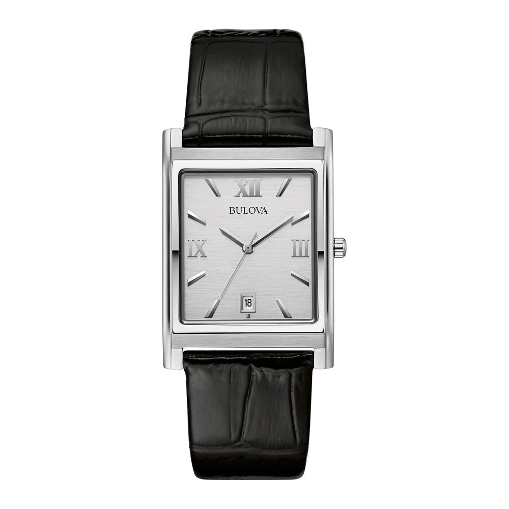 Reloj Bulova de cuarzo y calendario para hombre con caja de acero inoxidable y correa de cuero negro