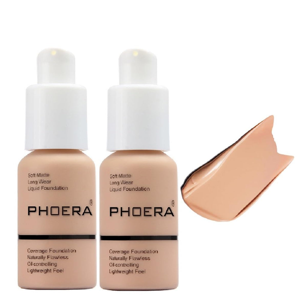 2 Pack PHOERA Foundation,Full Coverage Flawless Soft Matte 24HR Oil Control Liquid Foundation.104 Buff Beige