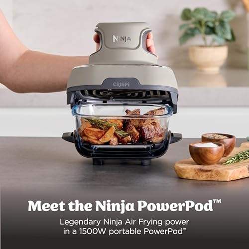 Ninja Crispi 4 in 1 Glass Air Fryer, 450°F, Non Toxic, 4QT and 6 Cup Containers with Lids, Dishwasher Safe, Stone, 1 Count, FN101ST