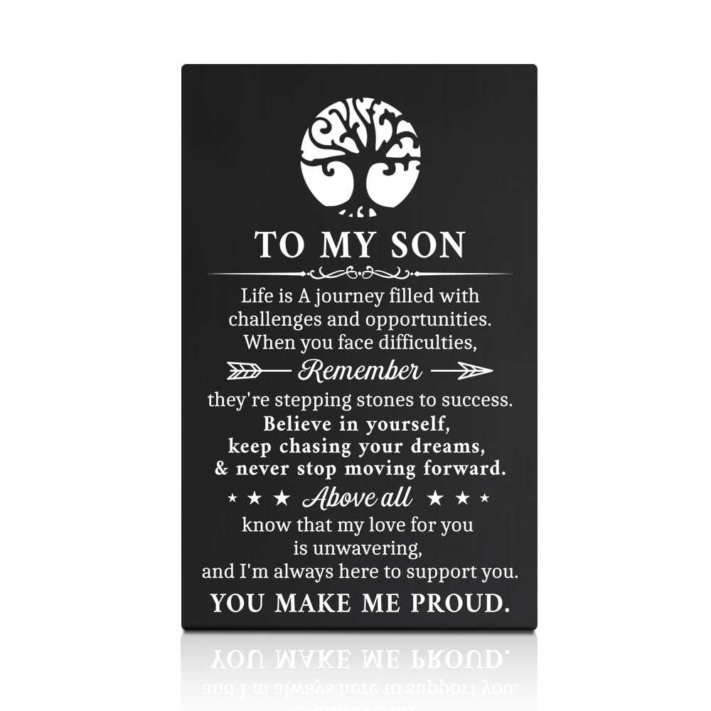 GEYGIE To My Son You Make Me Proud Black Wallet Card, Engraved Metal Wallet Insert Card Love Notes from Mom, Funny Gradu