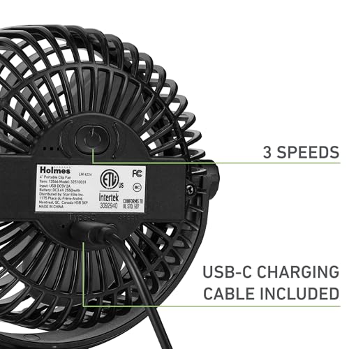 Holmes Ventilador Personal Portátil de 4" con Clip – 3 Velocidades, Rotación 360°, Batería Recargable, Carga USB-C, Diseño Compacto y Portátil, Negro – Ideal para Escritorios y Espacios Personales