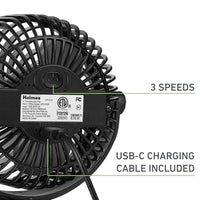 Holmes Ventilador Personal Portátil de 4" con Clip – 3 Velocidades, Rotación 360°, Batería Recargable, Carga USB-C, Diseño Compacto y Portátil, Negro – Ideal para Escritorios y Espacios Personales