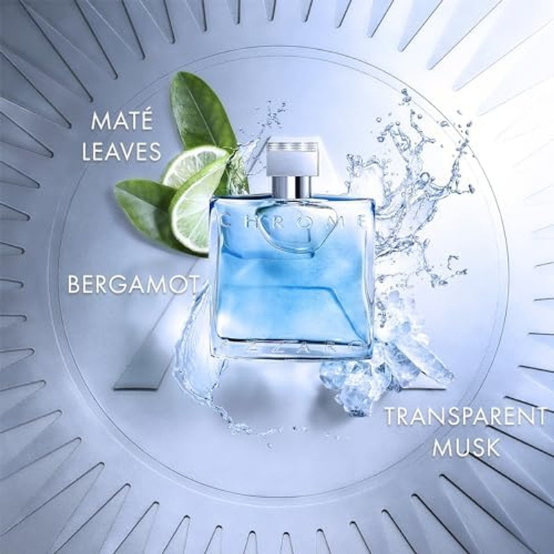 Azzaro Eau de Toilette cromado, colonia acuática fresca para hombre, fragancia cítrica, amaderada y almizclada, notas frescas de bergamota, uso diario, aroma clásico de playa de verano, perfumes de