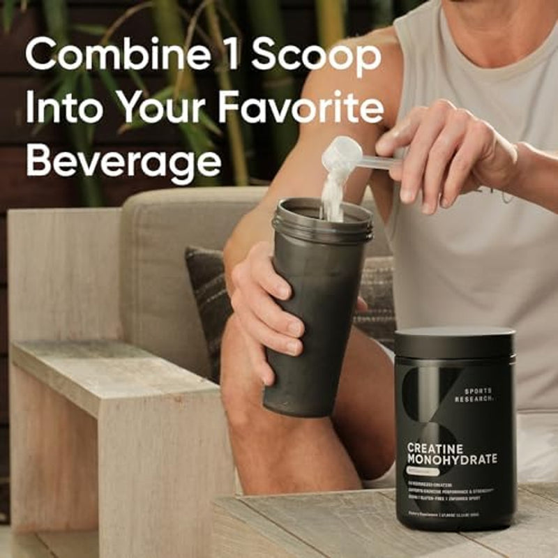 Sports Research Creatine Monohydrate - Ganar músculo magro, mejorar el rendimiento y la fuerza y apoyar la recuperación del entrenamiento* - 5 g de creatina micronizada - 17.46 oz