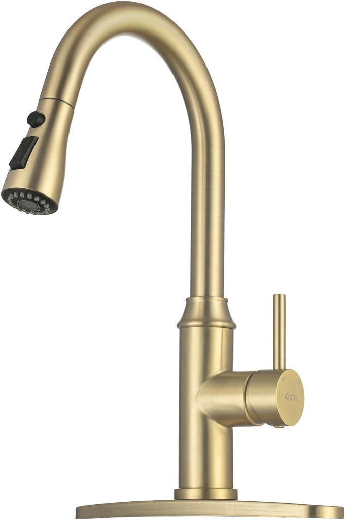 Arofa Brushed Gold Kitchen Faucet with Pull Down Sprayer and Deck Plate