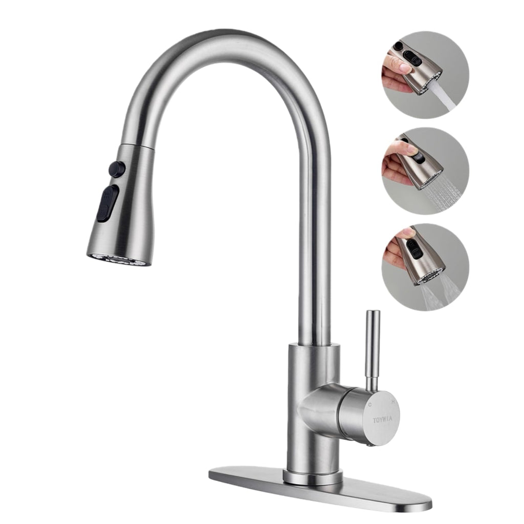 TOYWIA Kitchen Faucets with Pull Down Sprayer, 3 Function Sprayer, Brushed Nickel Stainless Steel Single Handle High Arc