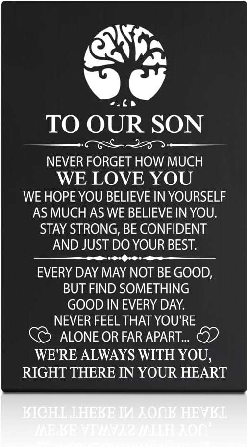 GEYGIE To Our Son We're Always With You Black Wallet Card, Engraved Metal Wallet Insert Card Love Notes from Mom Dad, Fu