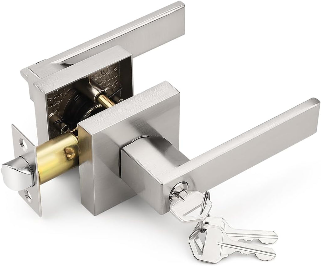 Tinewa Square Entry Door Lever with Lock and Key, Brushed Nickel Entrance Door Handles, for Exterior or Interior Doors,1