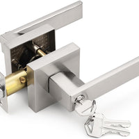 Tinewa Square Entry Door Lever with Lock and Key, Brushed Nickel Entrance Door Handles, for Exterior or Interior Doors,1