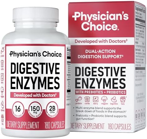 Physician's CHOICE Digestive Enzymes for Bloating & Digestion - Fast-Acting 16 Enzyme Formula with Organic Prebiotics & Probiotics for Gut & Digestive Health - Meal Time Discomfort Relief - 180 CT