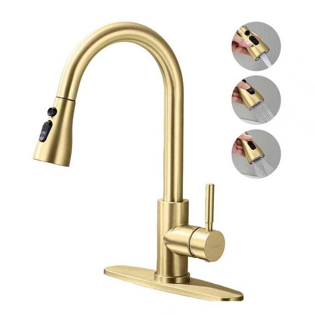 TOYWIA Gold Kitchen Faucets with Pull Down Sprayer, 3 Function Sprayer, Stainless Steel Single Handle High Arc Sink Faucet for RV, Bar, Farmhouse, Laundry, Outdoor